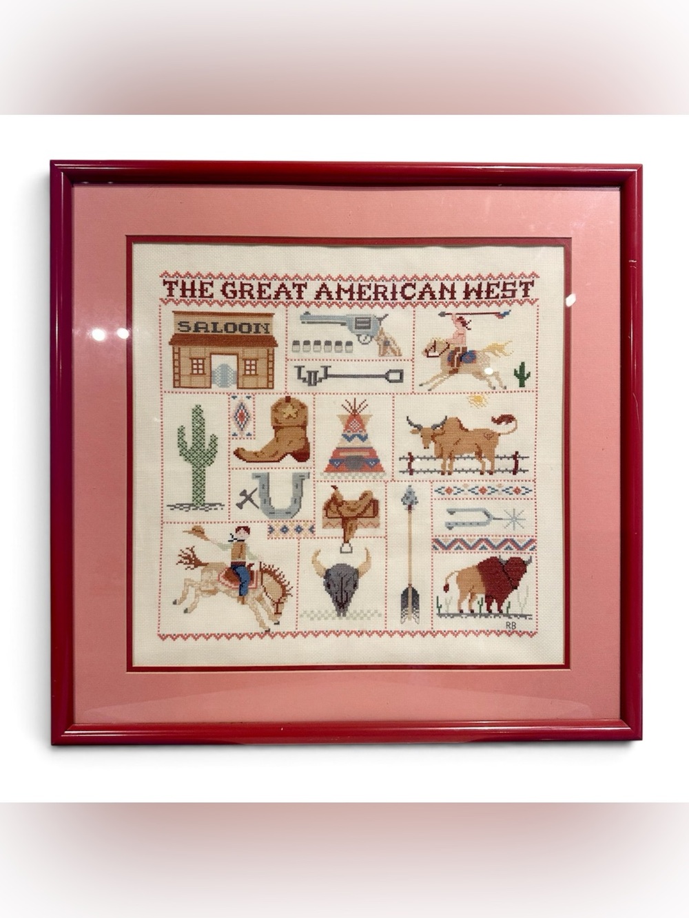 VTG Framed “The Great American West” Cross Stitch Sampler Art Handmade 23” x 23”